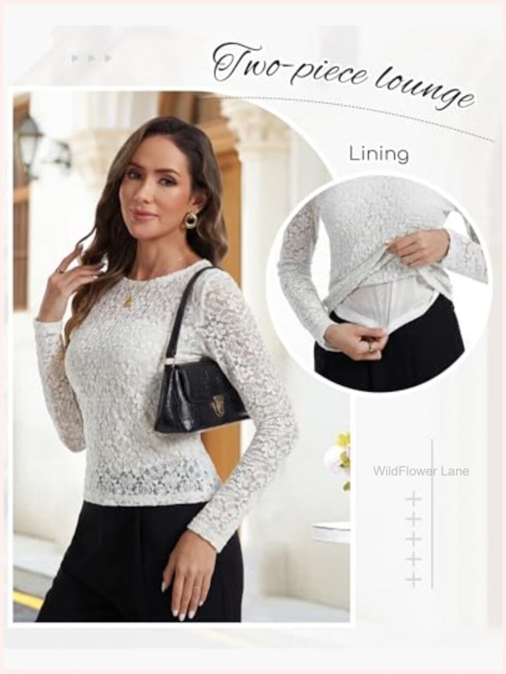 Lace Long Sleeve Mesh Tee Blouse Layering Shirt Crew Neck Slim Fit Floral Top - Picture 6 of 7